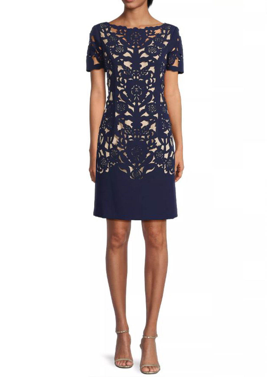 Shani Women's Floral Crepe Laser-Cut Sheath Dress - Navy - Size 2 Shani Women's Floral Crepe Laser-Cut Sheath Dress - Navy - Size 2