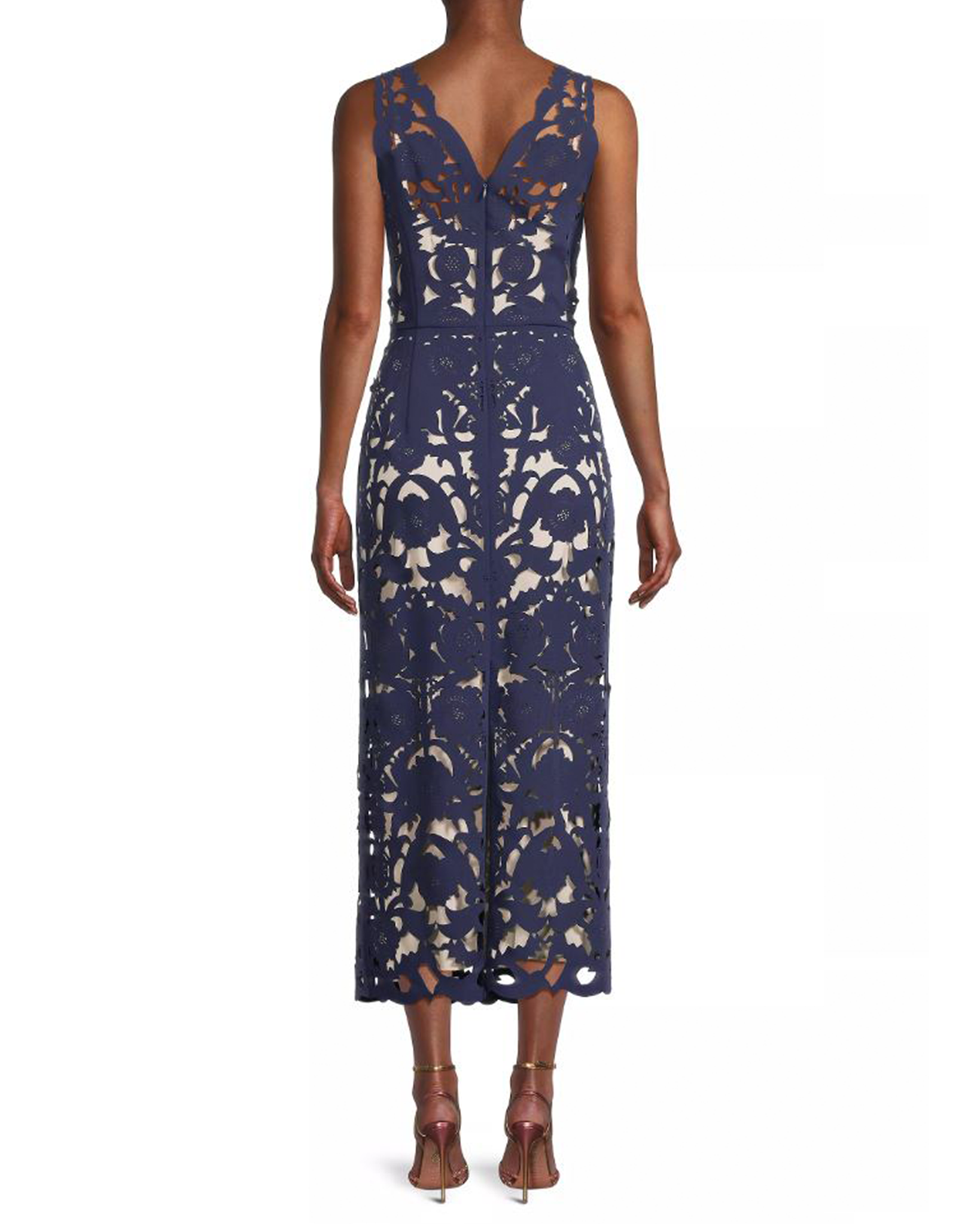 Shani Women's Floral Crepe Laser-Cut Midi Dress - Navy - Size 4 Shani Women's Floral Crepe Laser-Cut Midi Dress - Navy - Size 4