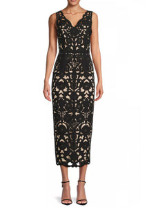 printed laser cut midi dress BEADED SMOCKED LASER-CUT MIDI DRESS
