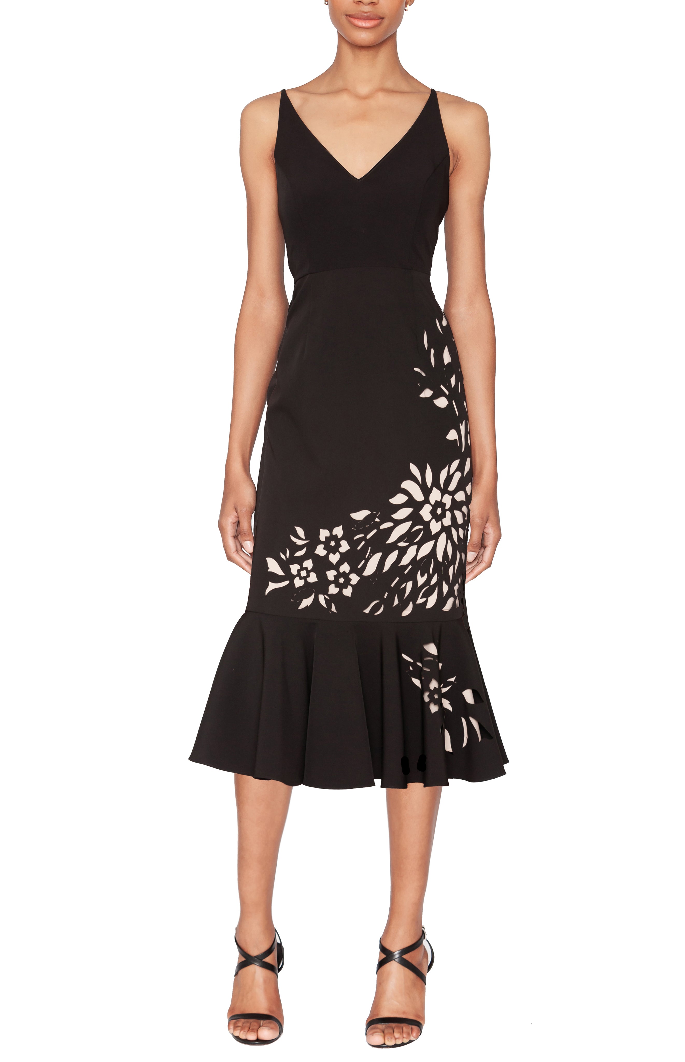 WHITE TIE by Shani - Sleeveless Laser Cutting Dress with Flounce - Black/Nude