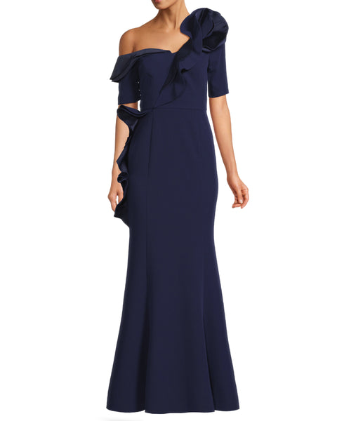 Asymmetric Crepe Gown with Floral Detail