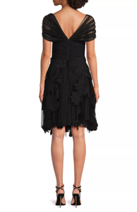 Crepe Dress with Laser Cut and Tulle Detail Black