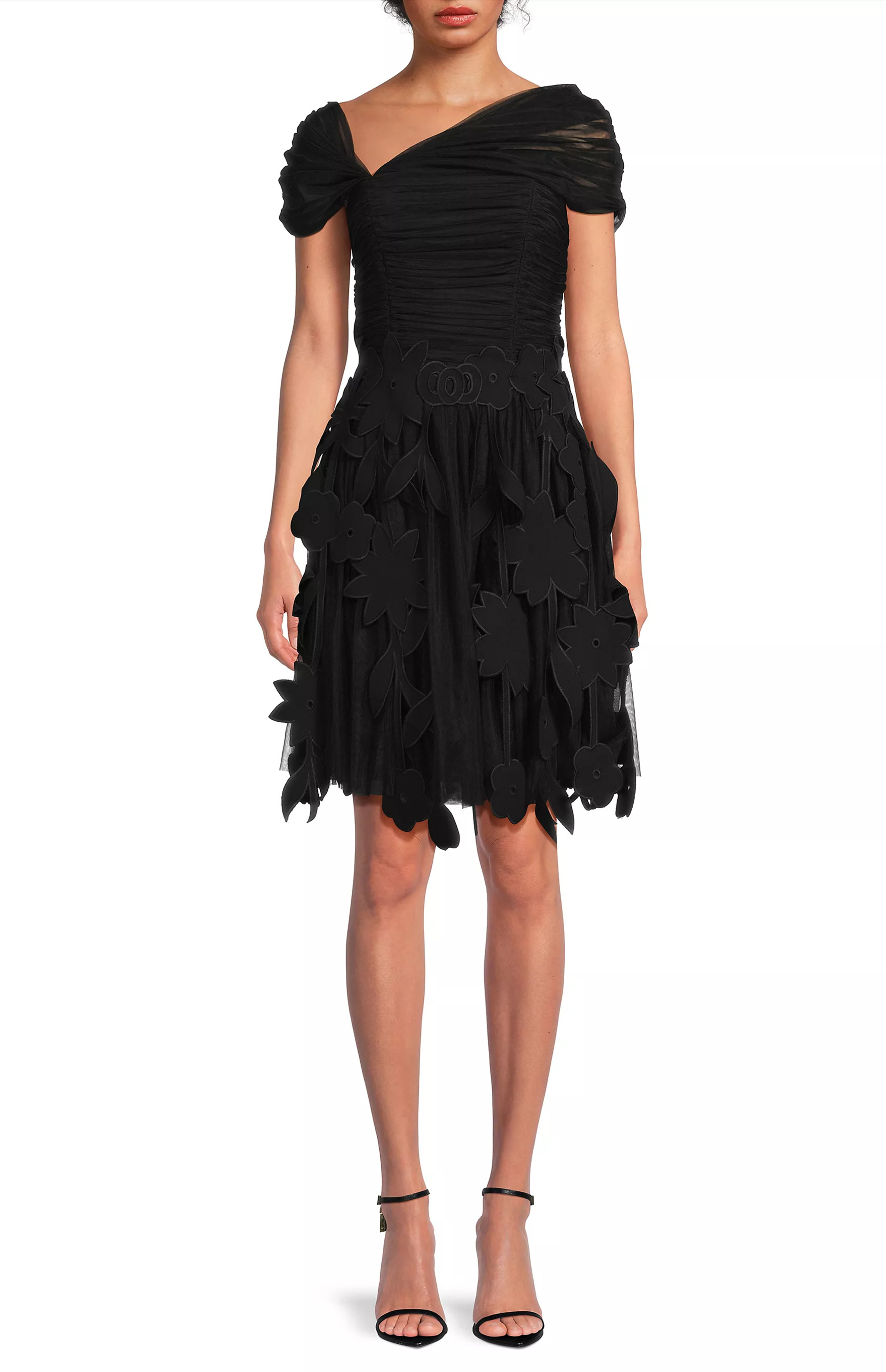 Crepe Dress with Laser Cut and Tulle Detail Black