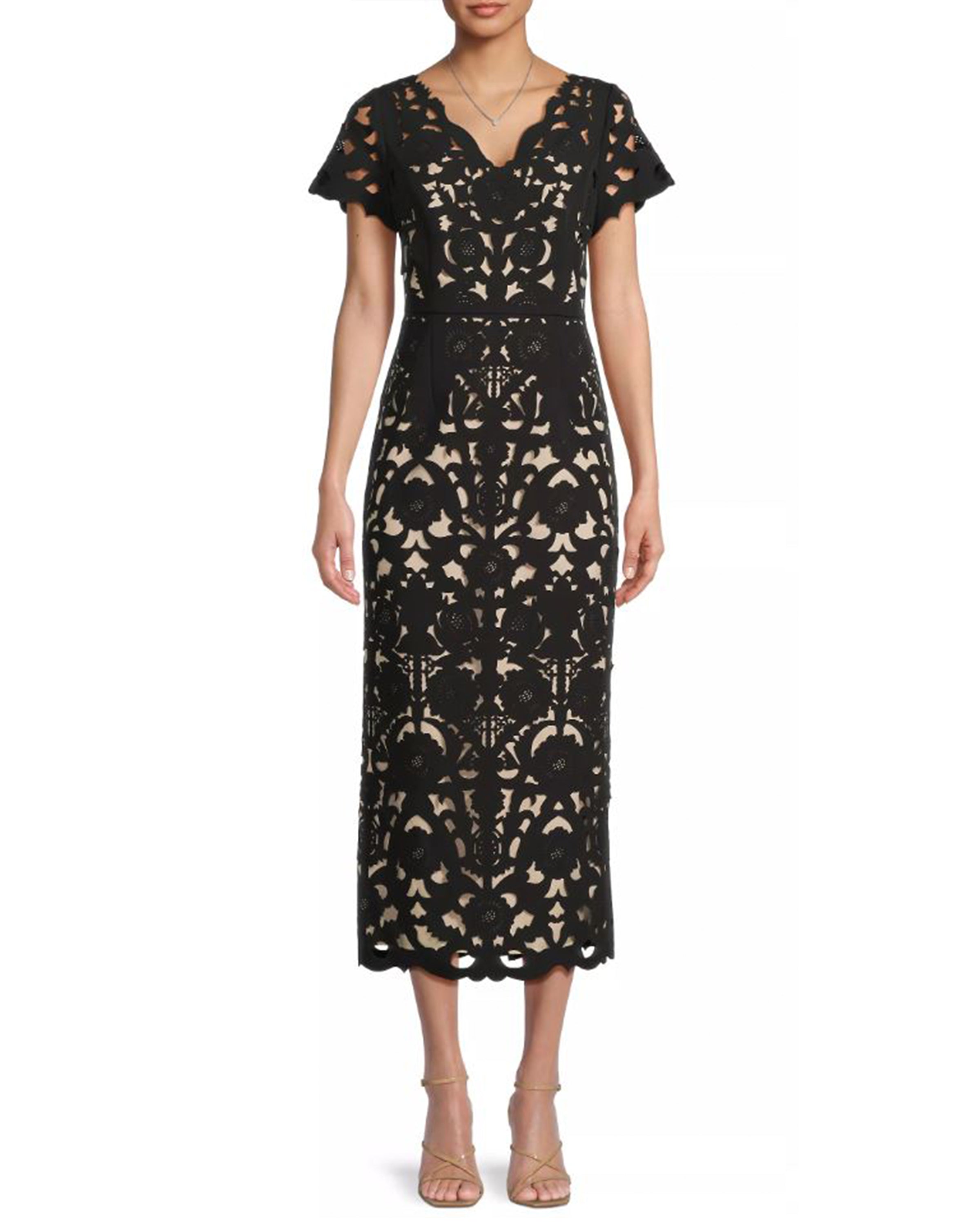 Floral Crepe Laser-Cut Midi Dress in Black