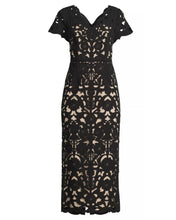 Load image into Gallery viewer, Floral Crepe Laser-Cut Midi Dress in Black