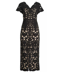 Floral Crepe Laser-Cut Midi Dress in Black