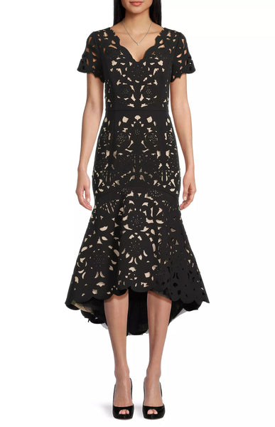 Floral Crepe Laser-Cut Midi Hi-Lo Dress