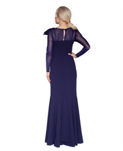 Load image into Gallery viewer, White Tie by Shani - Dramatic Bow Crepe Gown with Illusion Neckline - Navy
