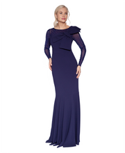 Load image into Gallery viewer, White Tie by Shani - Dramatic Bow Crepe Gown with Illusion Neckline - Navy