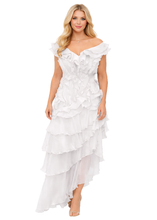 Load image into Gallery viewer, Asymmetric Tiered Ruffle Gown in White