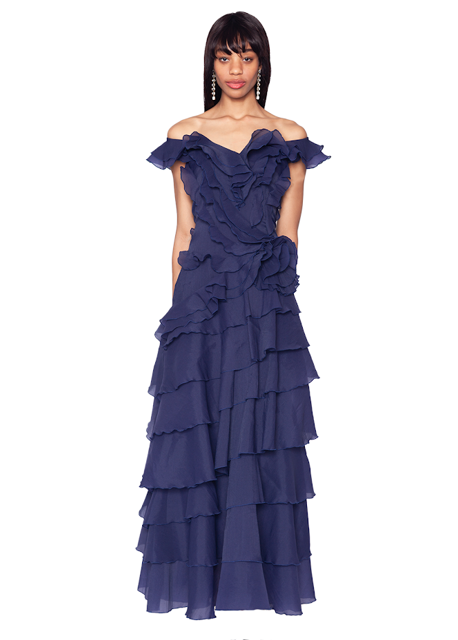 ruffle navy blue dress Attractive A-Line Navy Blue Ruffle Tiered Long Prom Dresses with Slit  VK24050804  Vickidress