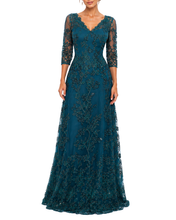 Load image into Gallery viewer, V-Neck Embroidered Fit and Flare Gown in Teal