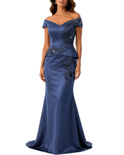 Load image into Gallery viewer, Off The Shoulder Embroidered Gown with Peplum