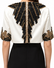 Load image into Gallery viewer, Black and Gold Beaded Popover Column Gown