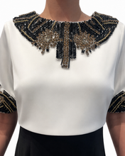 Load image into Gallery viewer, Black and Gold Beaded Popover Column Gown