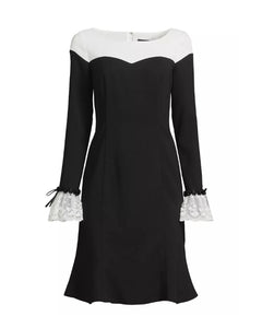 Fit and Flare Colorblock Crepe Dress with Lace Trim at Cuffs