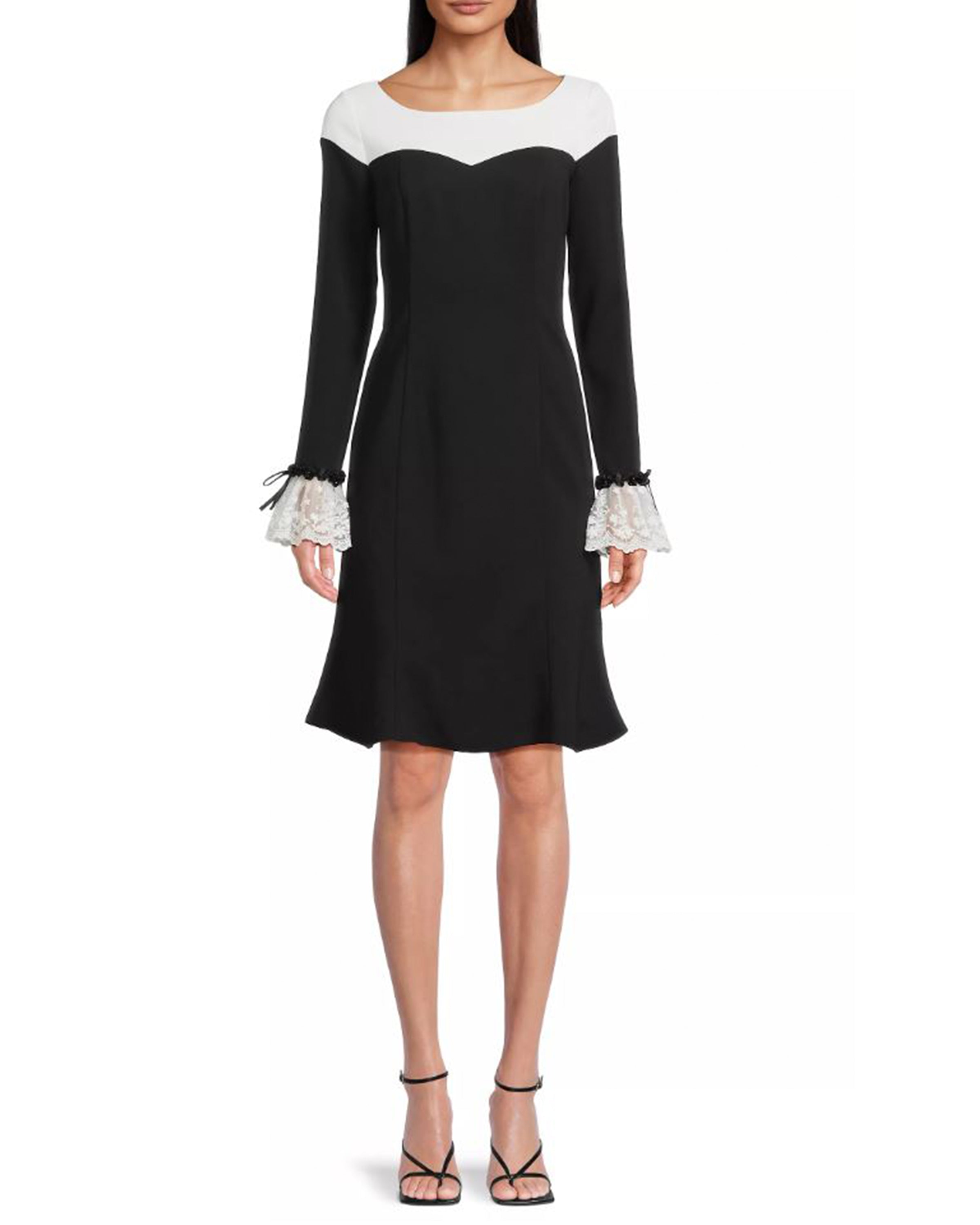 Fit and Flare Colorblock Crepe Dress with Lace Trim at Cuffs