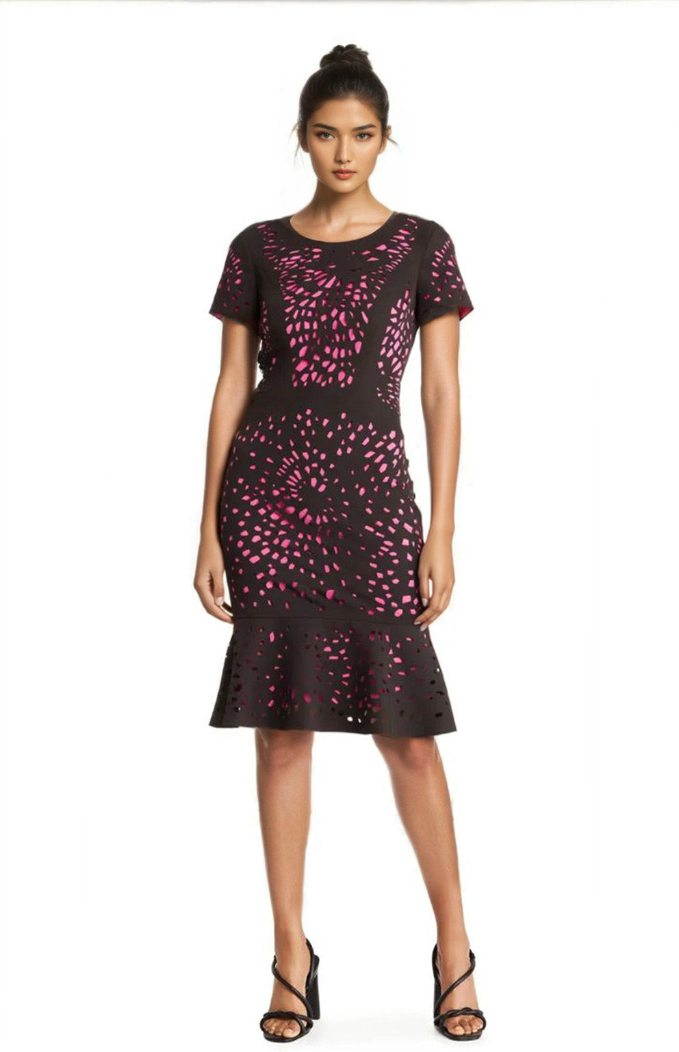 FOCUS by Shani — Tulip Flounce Laser Cut Dress in Pink