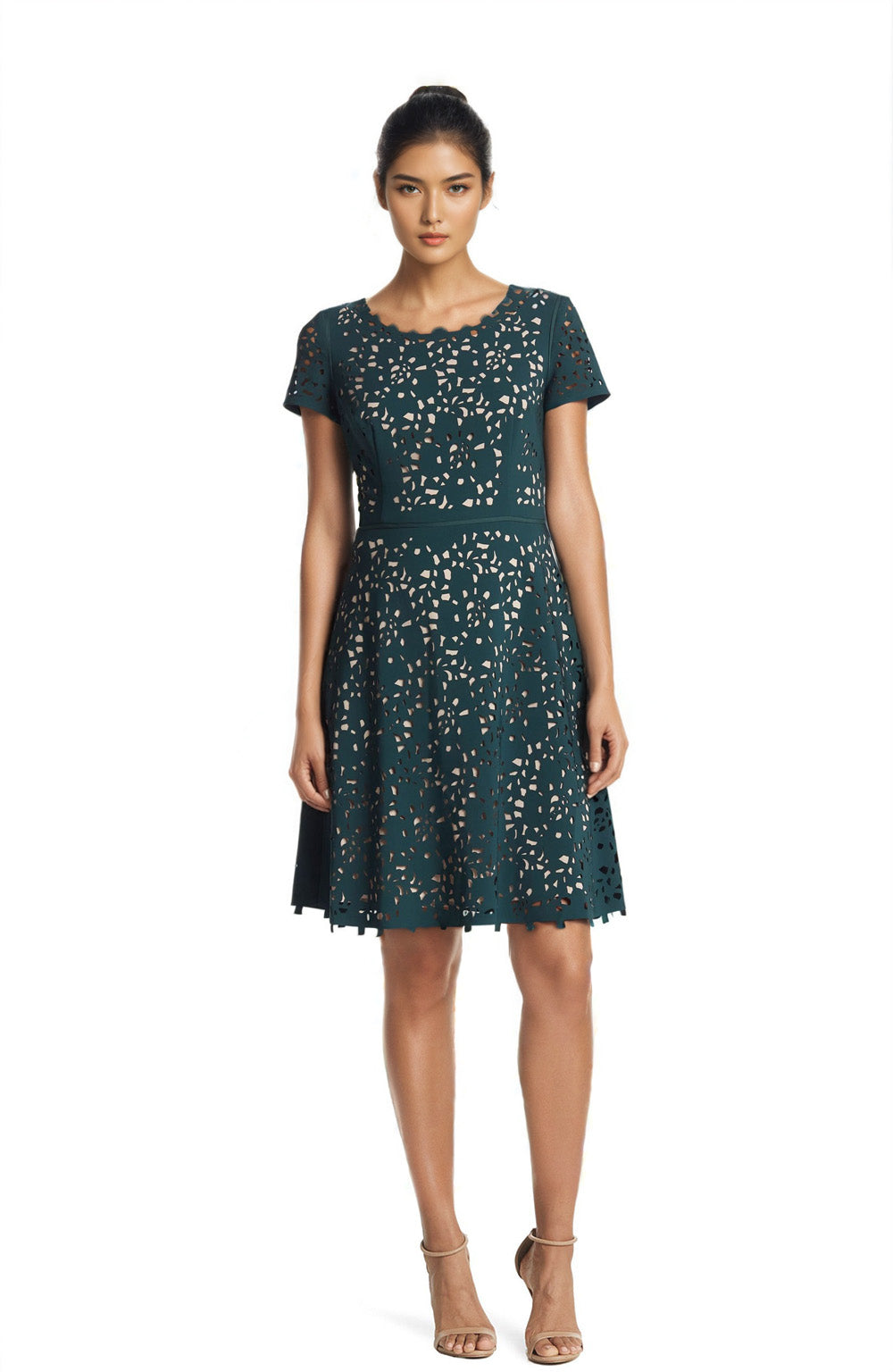 FOCUS by Shani Laser Cut Fit & Flare Dress in Green FOCUS by Shani Laser Cut Fit & Flare Dress in Green