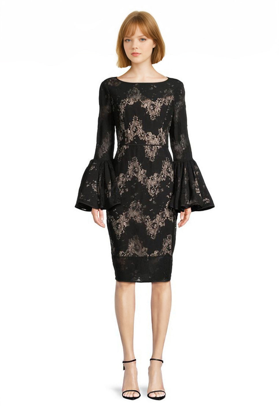 Shani Women's Metallic Lace Bell-Sleeve Sheath Dress - Black Beige - Size 16 Shani Women's Metallic Lace Bell-Sleeve Sheath Dress - Black Beige - Size 16