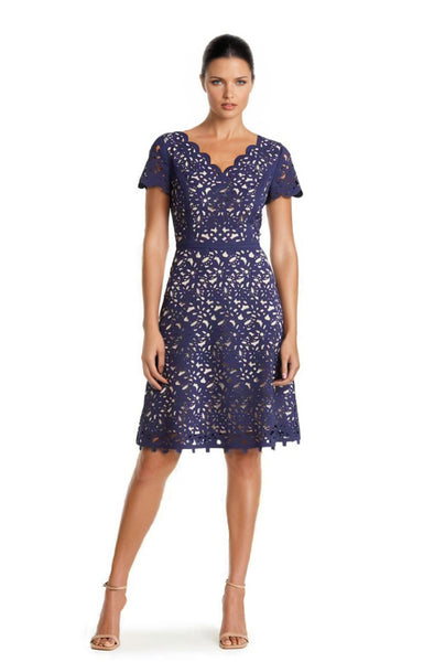 FOCUS by Shani — V-Neck Laser Cut Fit & Flare Dress in Navy