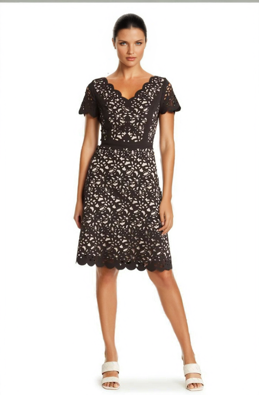 Focus By Shani Women's V-Neck Fit and Flare Laser Cutting Dress, 14
