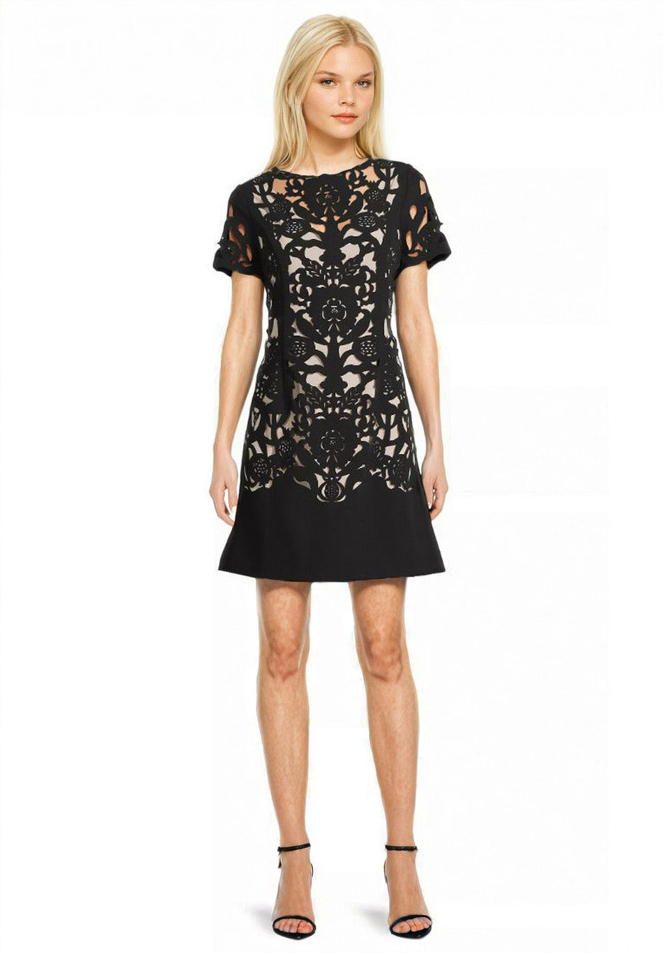 Shani Floral Crepe Laser-Cut Sheath Dress - Black Shani Floral Crepe Laser-Cut Sheath Dress - Black