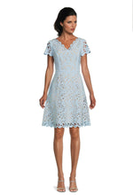 Load image into Gallery viewer, FOCUS by Shani — V-Neck Laser Cut Fit &amp; Flare Dress in Pale Blue