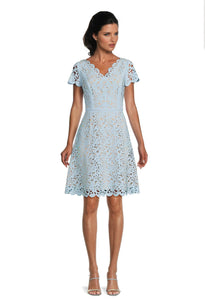 FOCUS by Shani — V-Neck Laser Cut Fit & Flare Dress in Pale Blue