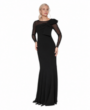Load image into Gallery viewer, PREORDER - Focus by Shani - Dramatic Bow Crepe Gown with Illusion Neckline