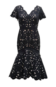 PRE-ORDER - Floral Crepe Laser-Cut Midi Hi-Lo Dress