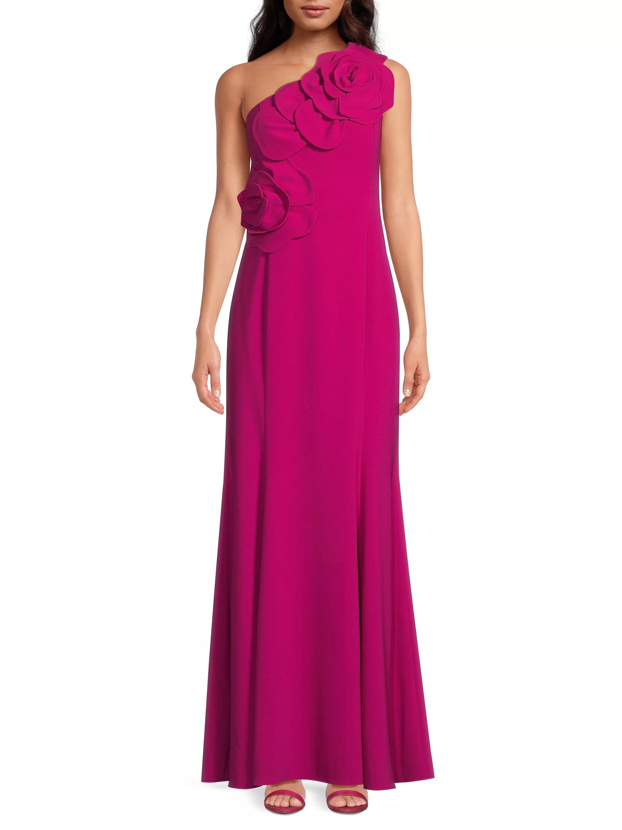 Buy Online One-Shoulder Floral Appliqu Crepe Gown in Fuchsia for Women | Shani Collection Buy Online One-Shoulder Floral Appliqu Crepe Gown in Fuchsia for Women | Shani Collection