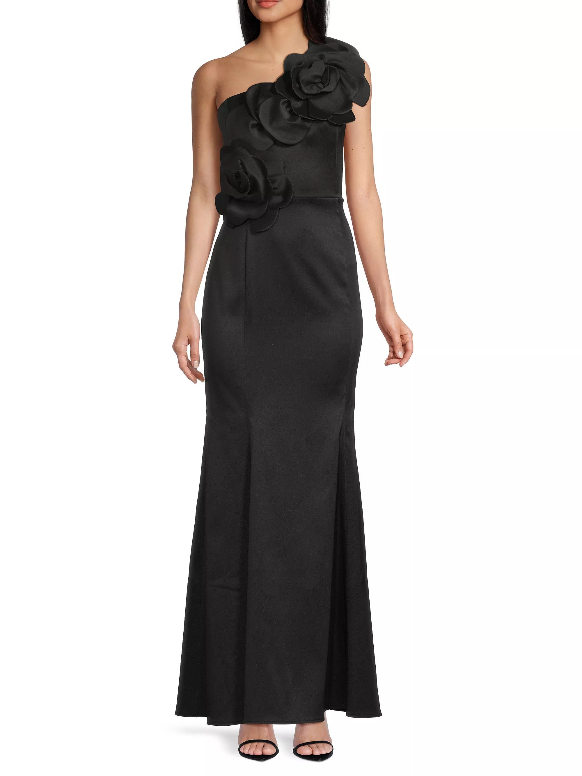 Shani Women's One-Shoulder Floral Appliqu Crepe Gown - Black - Size 12 Shani Women's One-Shoulder Floral Appliqu Crepe Gown - Black - Size 12