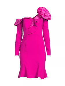 Asymmetric Crepe Dress with Floral Detail in Hot Pink
