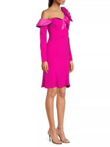 Asymmetric Crepe Dress with Floral Detail in Hot Pink