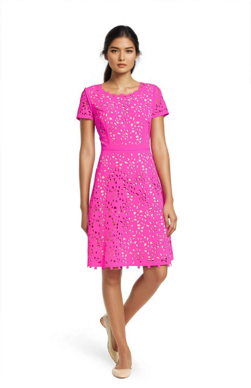 FOCUS by Shani — Laser Cut Fit & Flare Dress in Hot Pink