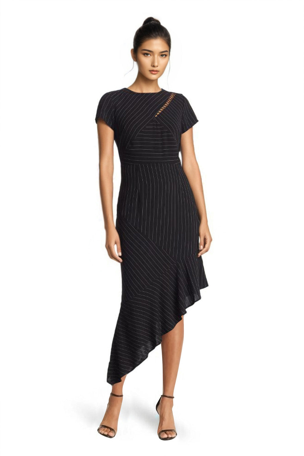 FOCUS by Shani Pinstripe Asymmetrical Ruffle Hem Dress in Black FOCUS by Shani Pinstripe Asymmetrical Ruffle Hem Dress in Black