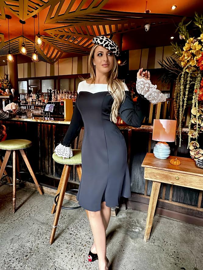 Buy Online Fit and Flare Colorblock Crepe Dress with Lace Trim at Cuffs for Women | Shani Collection Buy Online Fit and Flare Colorblock Crepe Dress with Lace Trim at Cuffs for Women | Shani Collection