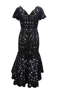 PRE-ORDER - Floral Crepe Laser-Cut Midi Hi-Lo Dress