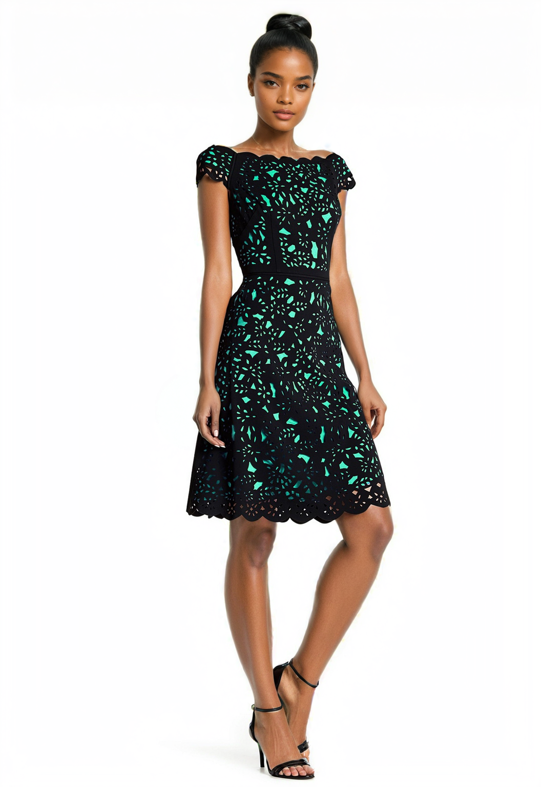 Shani Women's Off-The-Shoulder Laser Cut Dress - Black Mint - Size 8 Shani Women's Off-The-Shoulder Laser Cut Dress - Black Mint - Size 8