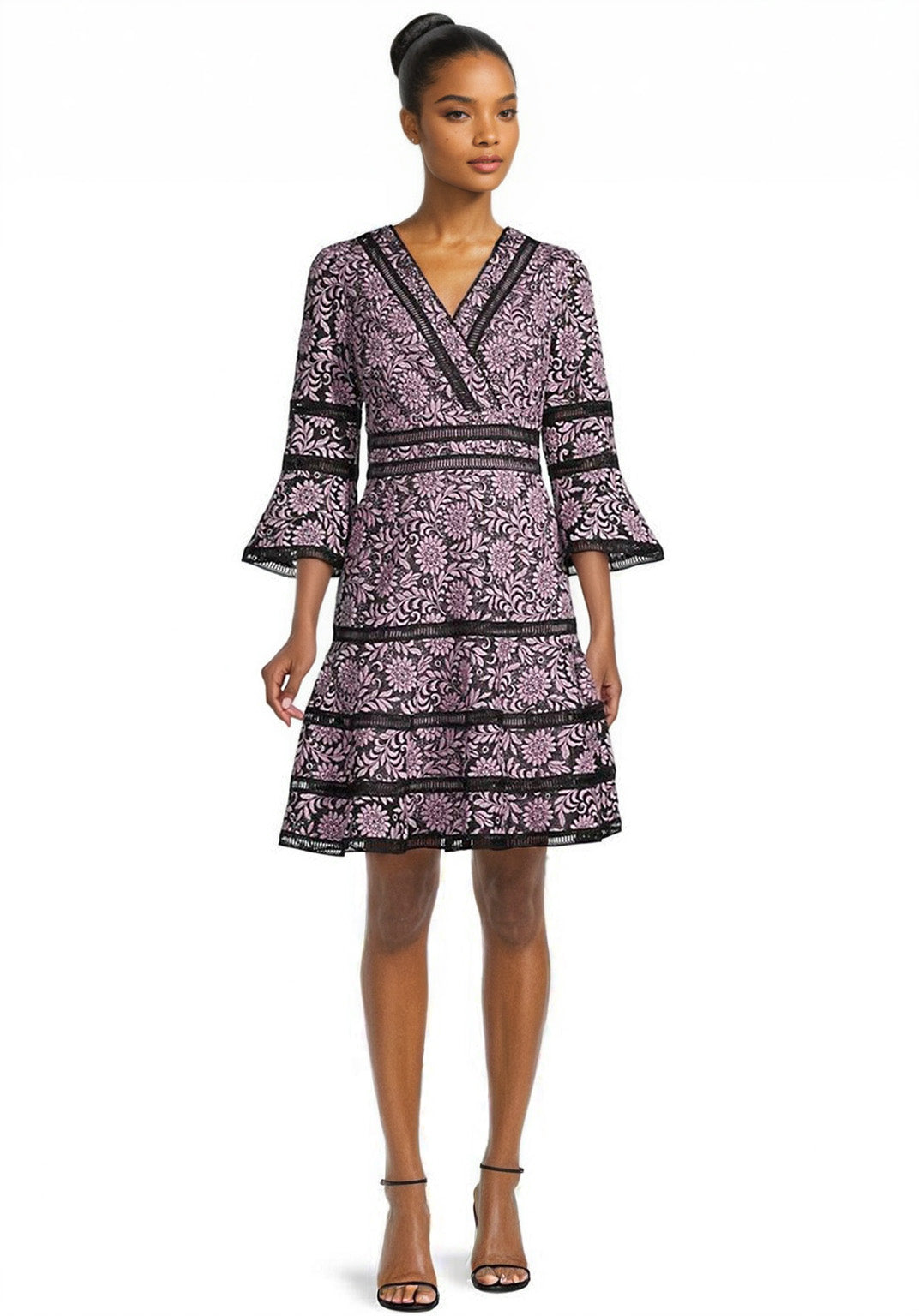 pink lace dress with bell sleeves L-5XL Women Hot Pink Lace Dress with Flare Sleeves