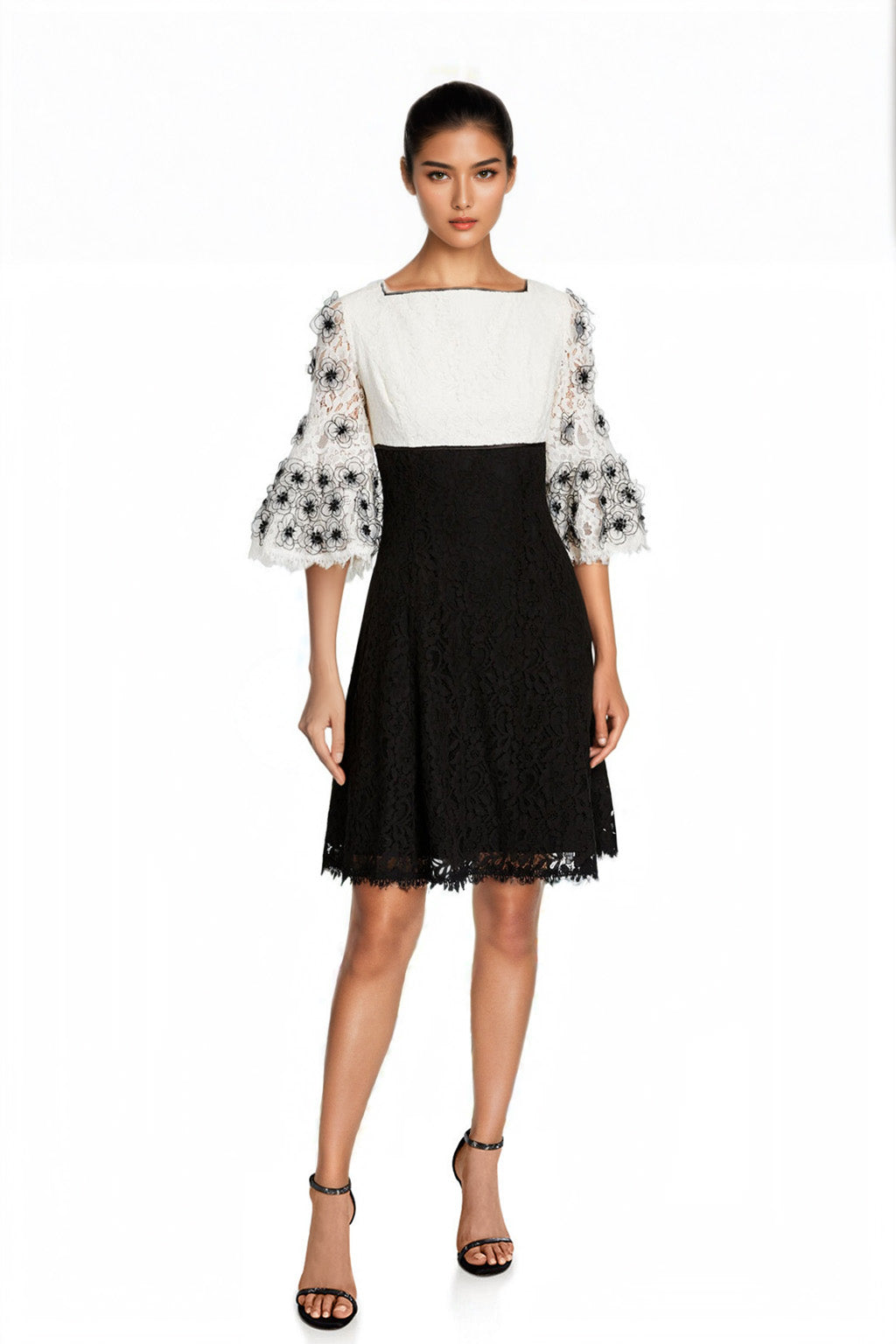 Buy Online Floral Appliqu Colorblock Fit & Flare Lace Dress for Women | Shani Collection Buy Online Floral Appliqu Colorblock Fit & Flare Lace Dress for Women | Shani Collection