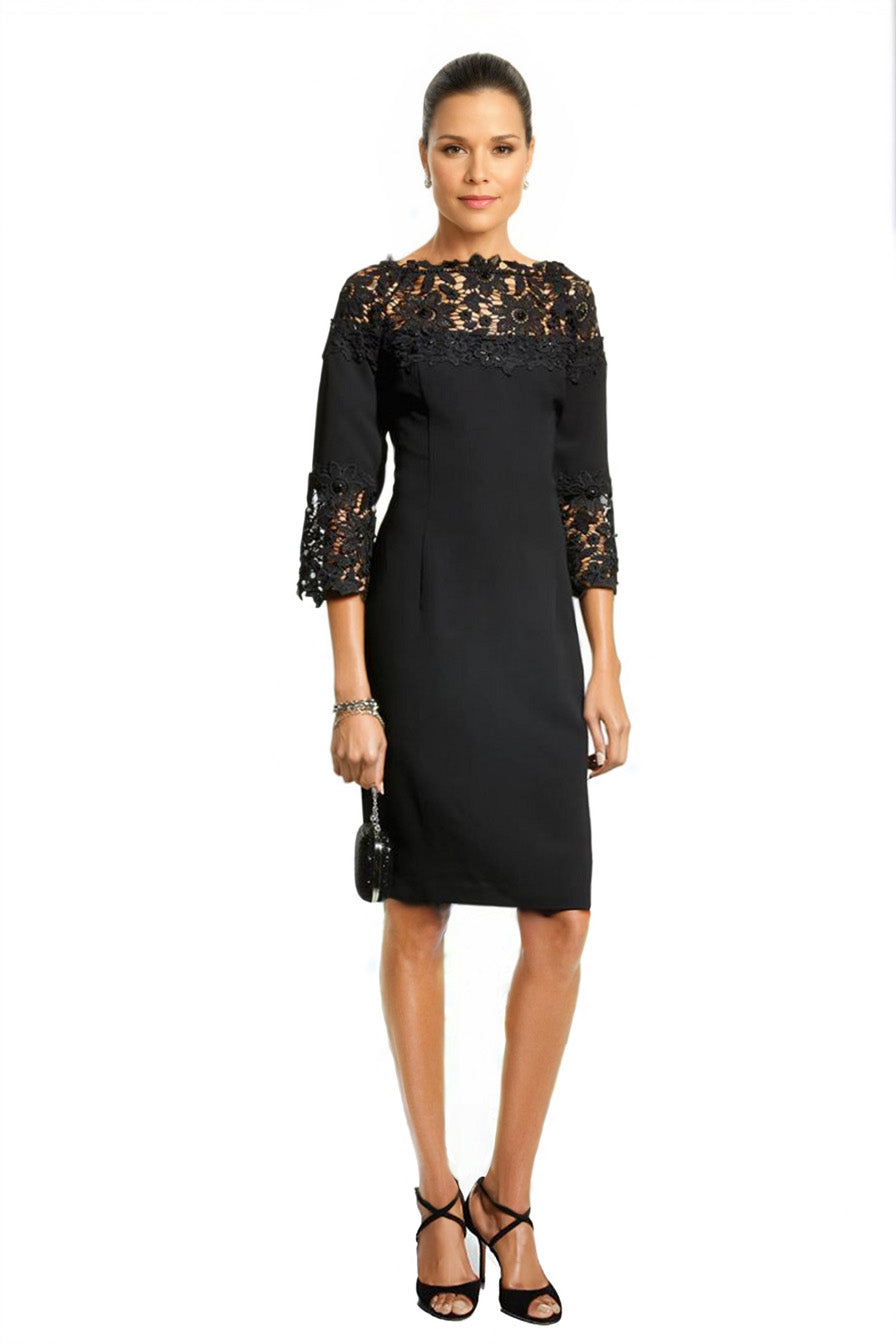 Beaded Lace Yoke Dress in Black