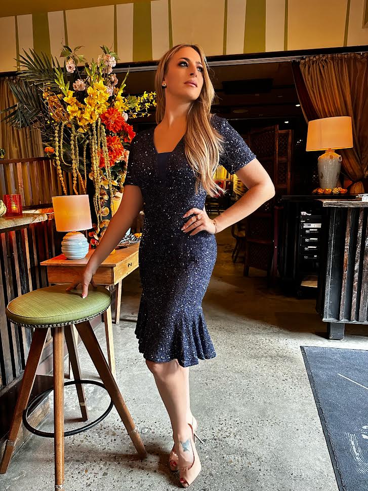 Buy Online V-Neck Sequin Fit and Flare Dress in Navy for Women | Shani Collection Buy Online V-Neck Sequin Fit and Flare Dress in Navy for Women | Shani Collection