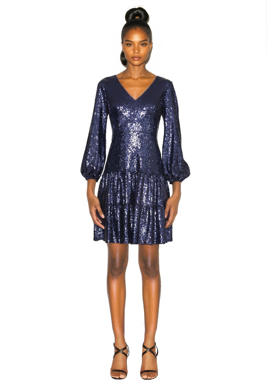 FOCUS by SHANI - V-Neck Fit and Flare Sequin Dress in Navy