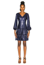 Load image into Gallery viewer, FOCUS by SHANI - V-Neck Fit and Flare Sequin Dress in Navy