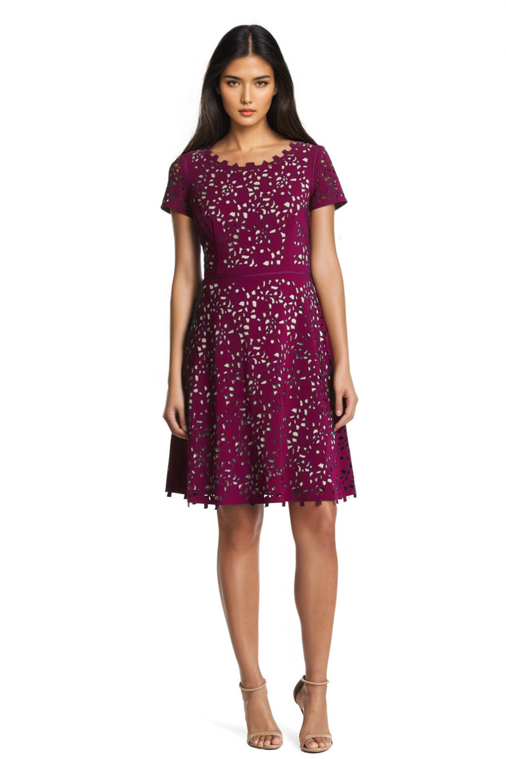 FOCUS by Shani — Laser Cut Fit & Flare Dress in Raspberry