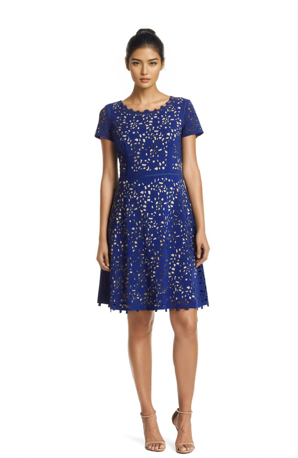 FOCUS by Shani — Laser Cut Fit & Flare Dress in Blue