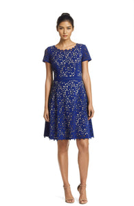 FOCUS by Shani — Laser Cut Fit & Flare Dress in Blue