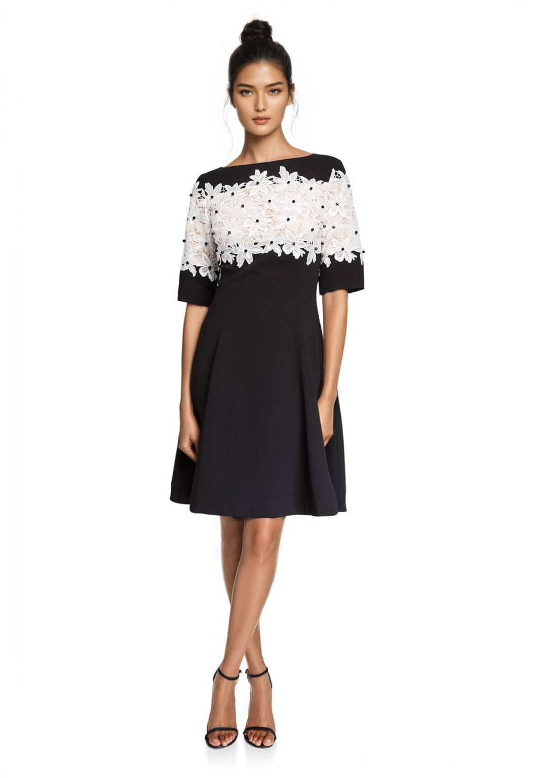 Shani Floral Lace A-Line Crepe Dress in Black/White Shani Floral Lace A-Line Crepe Dress in Black/White